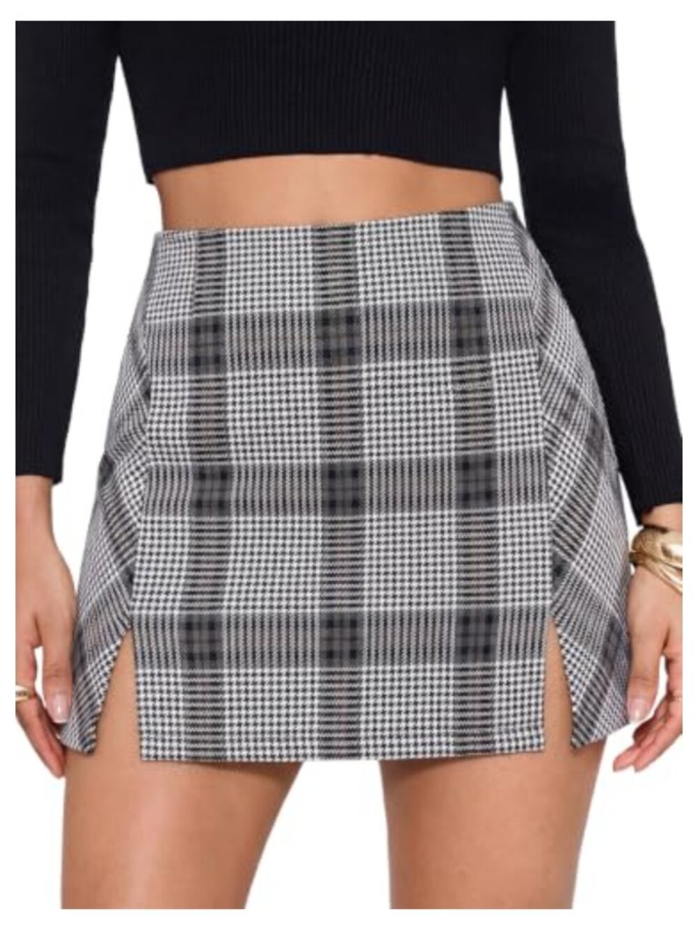 Faux Wool Plaid Mini Skirt High Waisted Bodycon Slit Pencil Skirt